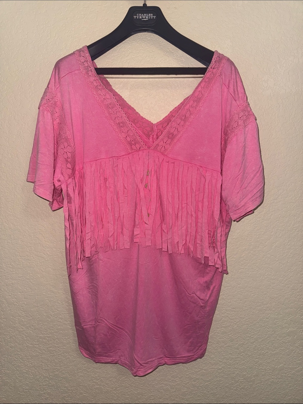 Blue Velvet Pink Fringe Lace V-Neck Top w/ Pockets NWT Small